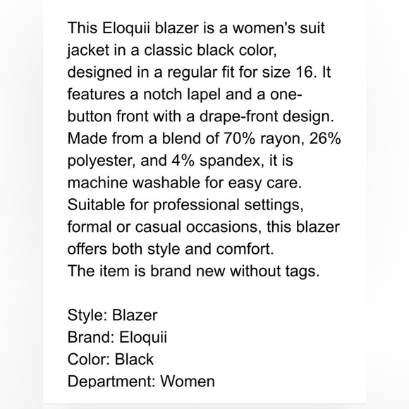 ELOQUII ULTIMATE STRETCH ONE BUTTON BLAZER SIZE 22 NEW WITH TAGS - Picture 6 of 8